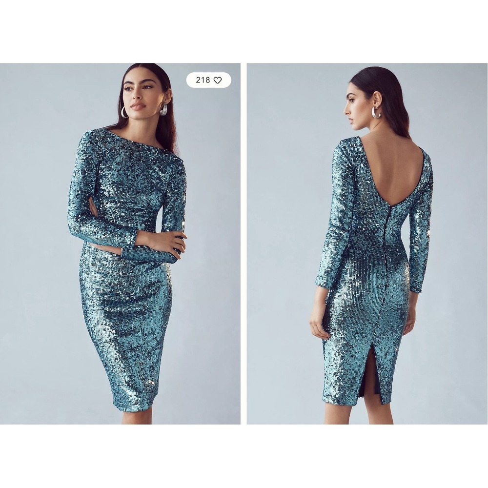 Dress The‎ Population Emery Sequin Slip Midi Dress Ice Blue Long Sleeve SizeXS